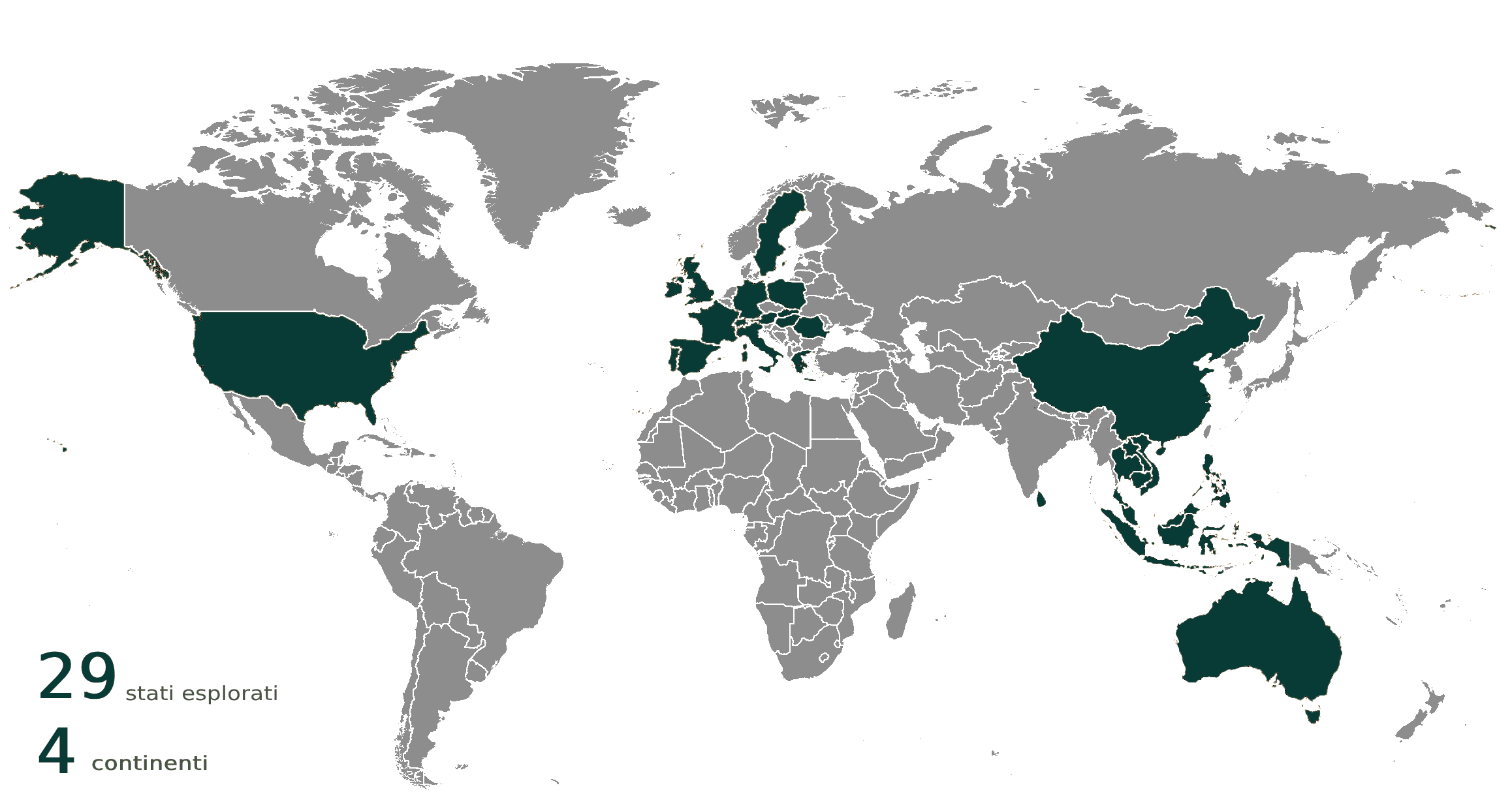 La mappa del mondo con gli stati che abbiamo visitato. Sono 29 in 4 continenti diversi!